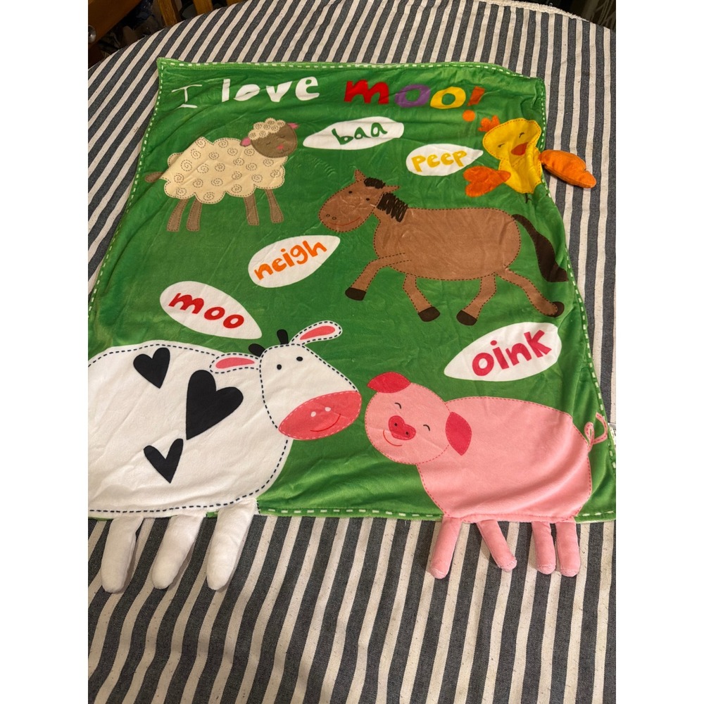 Evergreen Enterprises Farm Animal Baby Blanket Green Plush Reversible 23x27